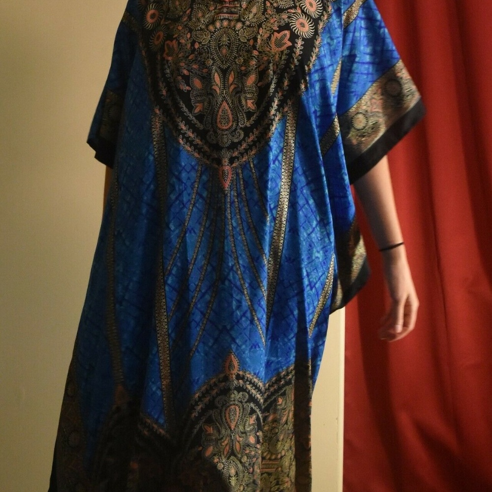 Long African Dress Kaftan, blue, black, gold maxi